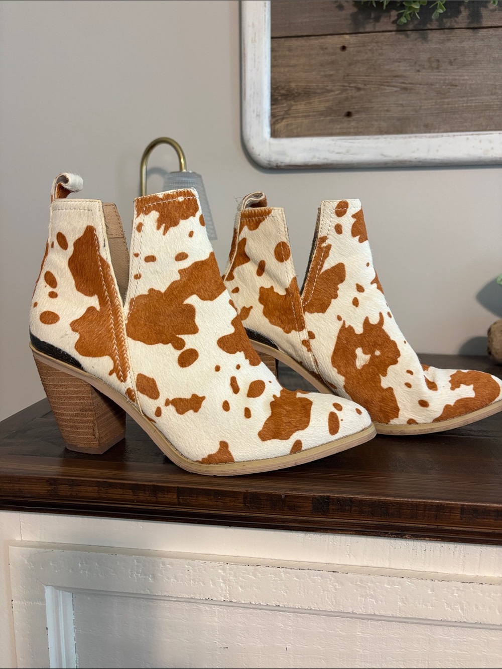 Cow Print Ankle Booties - White & Brown Women's ankle booties